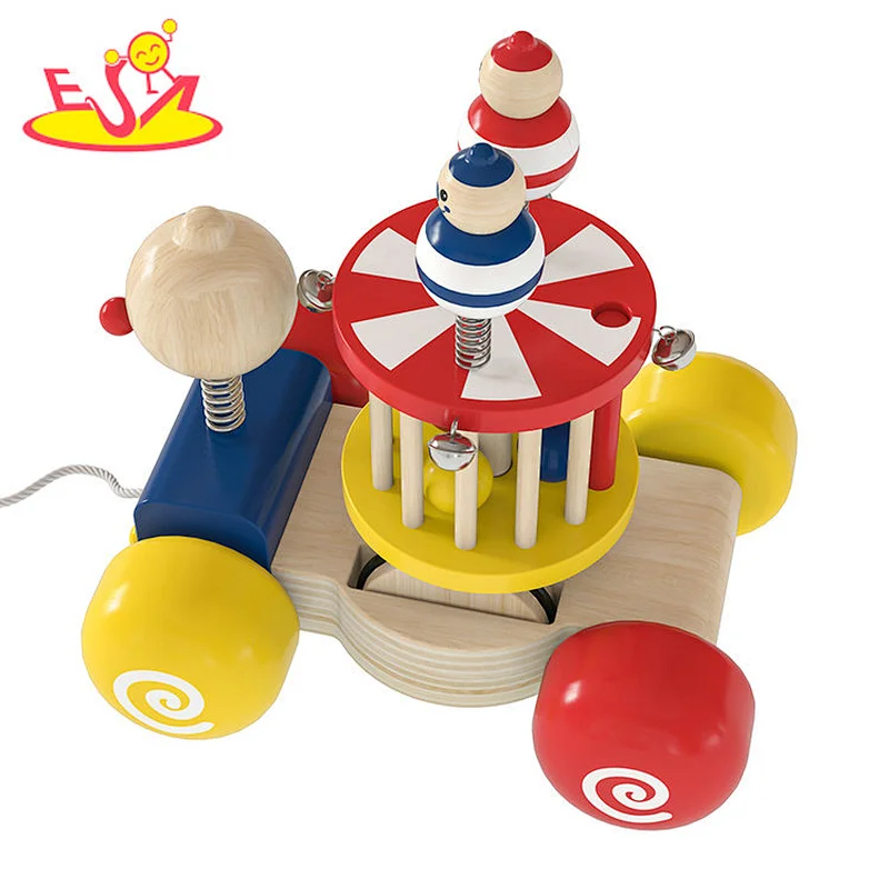 Hot Sale Kids Educational Wooden Circus Pull Along Toy With Rattle Drum W05C159